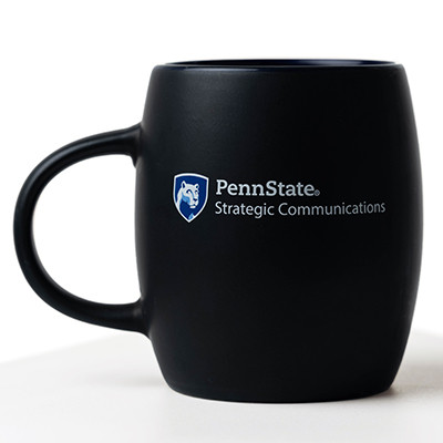 Mug featuring a three-color Penn State Strategic Communications mark printed on the side