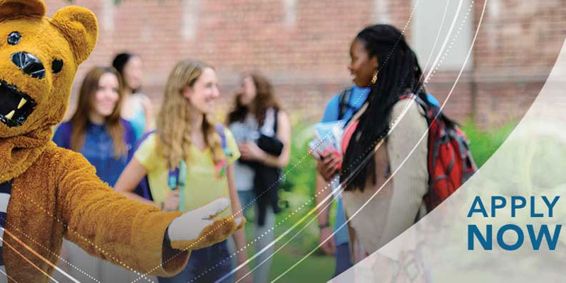 Corner Shield example - photo of Nittany Lion with arms open in the foreground with students in the background and wrapped with white transparent corner shield with white shield outline.