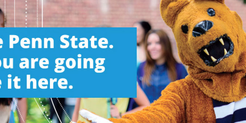 Example Design: Nittany lion on the right with his arms open and some text on the left with the white outline shield in the background
