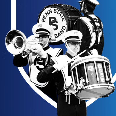 Collage of Penn State Blue Band members arranged inside a shield shape
