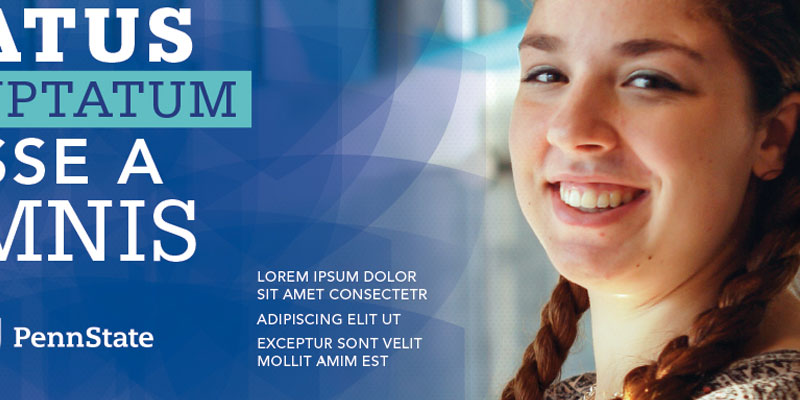 Overlay example - photo of a student on right with numerous transparent overlay on top of each other on left with white Lorem ipsum text on top.