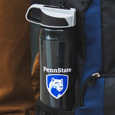 Vertical Penn State mark printed on a water bottle