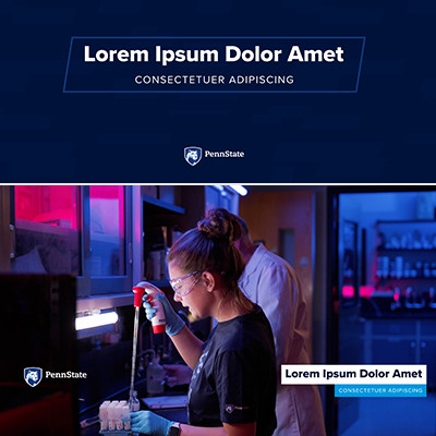 Two images: one with a video title placeholder, and one with a video lower-third title over a student in a lab setting