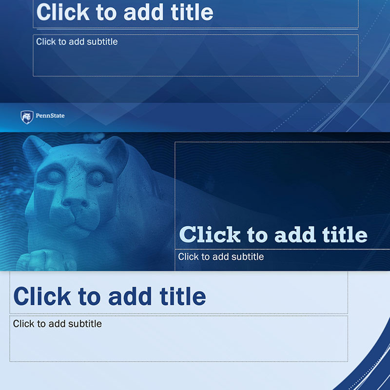 Three stacked Penn State PowerPoint template slides with text placeholders