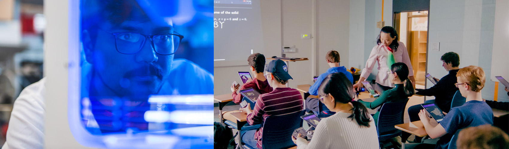 photo of man looking through blue glass in a lab and a classroom